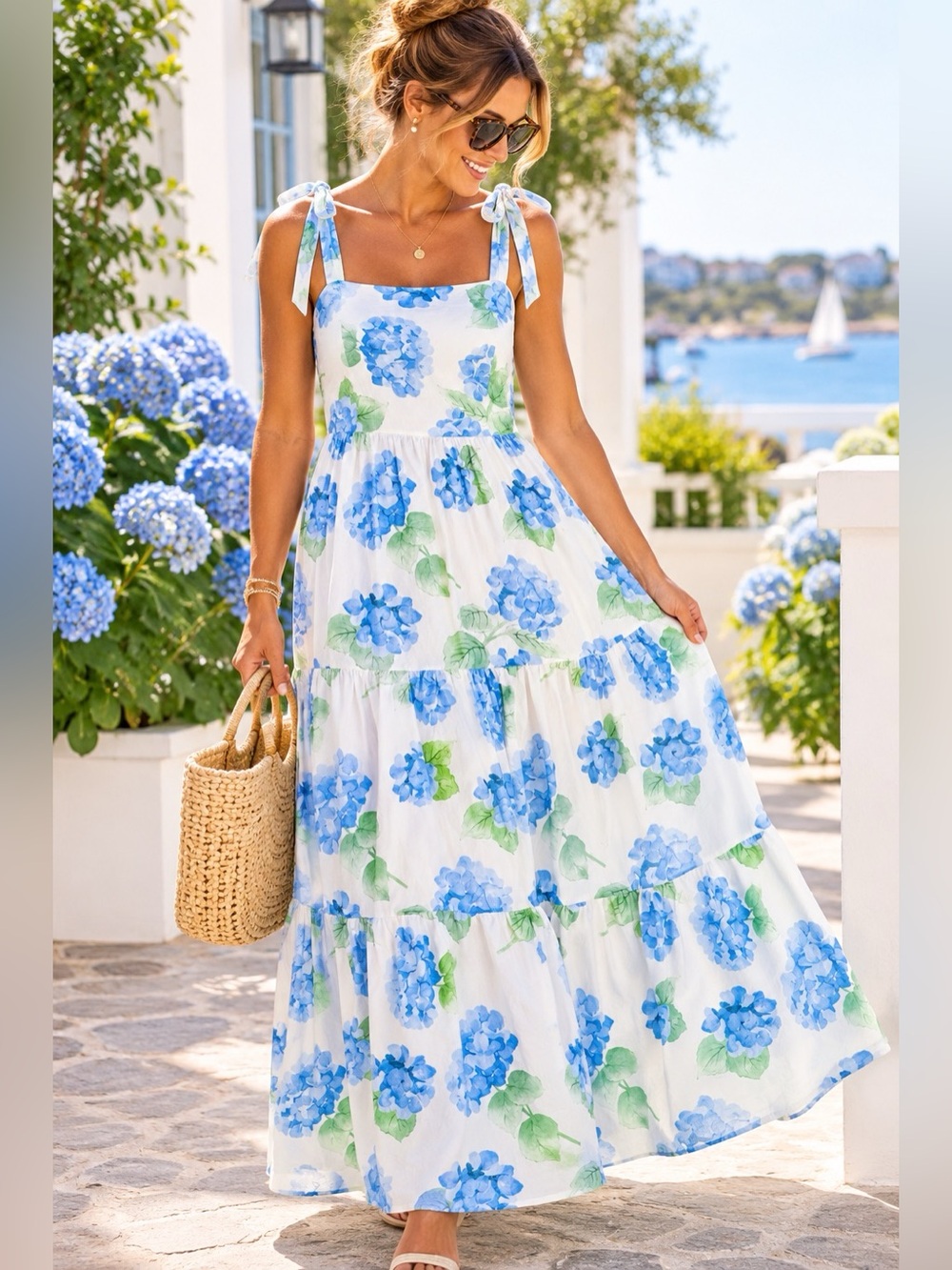 Caitlin Covington Pink Lily Coastal Hydrangea Tie Strap Maxi Dress XS